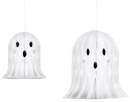 Honeycomb Ball Pompom Ghosts 20-30 cm Paper - Set of 2 Hanging Ghost Honeycomb Figures - Party Decoration for Halloween Scary Party Children's Birthday - Honeycomb Pompoms Decoration for Hanging