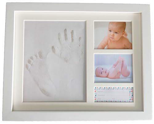 ARGUVAL ® - Kit completo huellas bebé con marco de fotos | Molde de manos y pies con arcilla natural segura | Regalo original para recién racidos | Incluye rodillo y manual | Madera color blanco