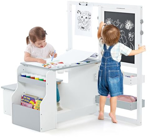 DREAMADE 3 in 1 Kindersitzgruppe, Höhenverstellbares Tisch Stuhl Set Mit Strauraum, Papierrolle, Ablagefächer & Bücherregal, Staffelei Maltisch Set Für Kinder Ab 3 Jahren (Grau+Weiß)