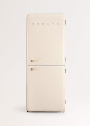 CREATE / RETRO FRIDGE COMBI 185 SAND/Réfrigérateur combiné blanc cassé avec poignée couleur sable et congélateur 401L / 190W, système No Frost, 3 étagères, 2 tiroirs, 70x65x185 cm