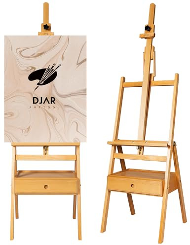 DJAR Staffelei mit Schublade, Staffelei Holz Groß aus Massivem Buchenholz, Verstellbar bis 190,5 cm Hoch, Malstaffelei für Erwachsene und Studenten, Hält Leinwände bis 91 cm, Natur