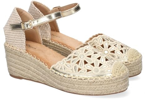 shoes&blues.es 91563 Sandalia de Cuna de Yute para Mujer, Comodas y Elegantes, Diseno Floral Bordado en la Pala y Cierre de Hebilla, Ideales para Primavera-Verano. Oro Talla 39