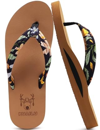 KuaiLu Tong Femme été Tissu Floral Mousse de Yoga plage et piscine Sandales | Plates Coussined Flip Flops Antidérapantes Semelles Claquette