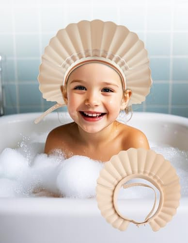 FUSACONY Kinder Duschhaube – Augenschutz Haare Waschen Kinderschutz – Verstellbarer Baby Shampoo Schutz – 22 Einstelllöcher für Kinder ab 6 Monaten bis Erwachsene (Off-white)