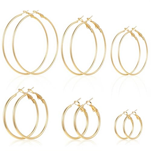 6 paires de boucles d'oreilles créoles en or pour femme, 6 tailles, sans ternissure, fines, imperméables, boucles d'oreilles créoles en or, légères, délicates, ensemble de boucles d'oreilles créoles