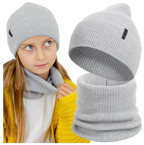 molti Gorro y bufanda para niños, lana merino, gorro de punto y bufanda para niños y niñas, cálido y transpirable, primavera y otoño, en 5 colores, gris, 52-54