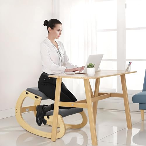 Adjustable Height Swing Kneeling Chair, Ergonomic Posture Corrector, Thickened Wood Rocking Knee Stool with 360° Swivel Base, Supports 120kg, Ideal for Back Pain Relief & Upright Sitting (Wooden)