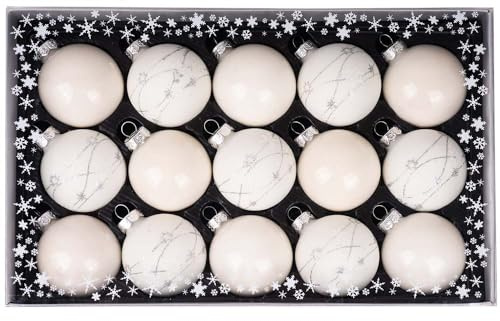 Weihnachtskugeln mit Verzierung aus Glas 6cm x 15 Stück in Kartonbox Christbaumkugeln (Just White | weiß)