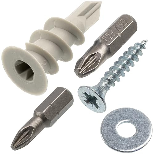 AERZETIX - Kit med 60 gipsankare Ø13x34 mm i nylon + 60 träskruvar Ø4.5x25 mm + 60 breda brickor för M5-bult + 2 PZ2/PZ3 1/4x25 mm bits