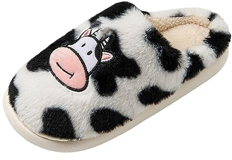 Generisch Carine Cartoon Mucca Pantofole In Cotone Per Le Donne Pantofole Calde 2025 Pantofole Donna Memory Foam Natale Ciabatte In Pelle Di Agnello, bianco, 42 EU