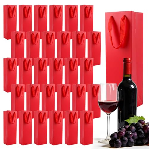 AKOLAFE 30 stycken flaskpåsar röda 11 x 9 x 35 cm vinpåsar röda från stabilem papper presentpåsar flaskor med förstärkt handtag vinpåsar papper flaskväska för vinprover bröllop vinnärvaro
