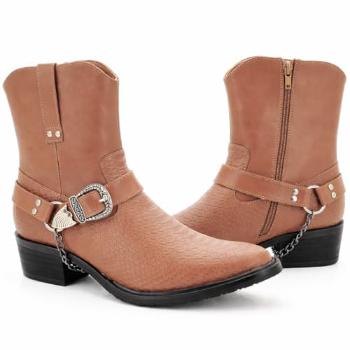 ShuCentre Men's Cowboy Ankle Boots with Chain Detail | Snake Effect Panels & Buckle Design | Side Zip Western Riding Boots | Block Heel Smart Casual Footwear for Men