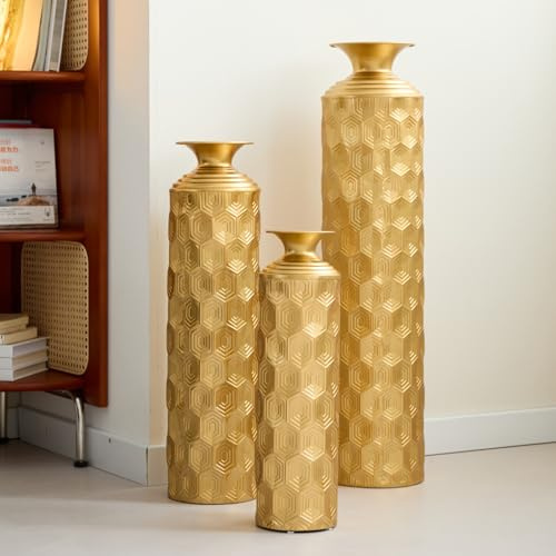 Lot de 3 Vases de Sol en Métal Doré - Grands Vases Décoratifs Modernes au Motif Alvéolé - Hauteurs 50/65/85 cm - Décoration de Luxe pour Salon, Entrée et Couloir pour Herbe de la Pampa (Couleur Or-2)