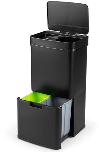 FANTASK 72L Electric Rubbish Bin, 4 Compartments, Waste Separation Systems with Sensor, 2 x 11 L + 3.5 L + 46.5 L, Electric Waste Bin, Soft Close, Kitchen Waste Bin for Kitchen, Office (Black)