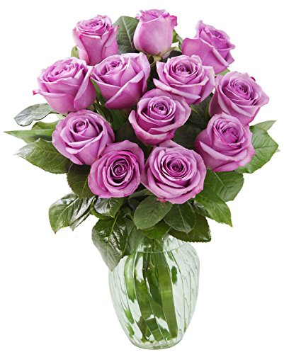 KaBloom - Bouquet of 12 Fresh Purple Roses (Farm-Fresh, Long-Stem) with Vase - Fresh Flowers for Birthday, Valentine's & Mother's Day
