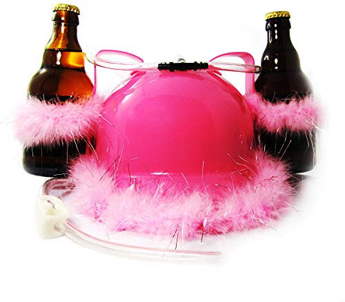 MonsterCadeaux Casque à bière Rose pailletté avec Paille et Porte-Bouteilles - Casque Anti-Soif - Support pour canettes et Paille - Accessoire de fête - Déguisement