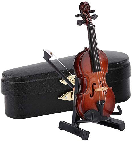 Miniatur Violine, kleine Holzvioline mit Ständer und Bogen für Dekoration in Puppenhaus, Geschenkbox inklusive for Sammler & Musikliebhaber