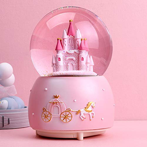 Boîte à Musique de Boule de Cristal avec LED Veilleuse Boule de Neige Musicale Forme Château Décoration Boule de Verre Neiger Automatique Jouets Cadeau Enfant Noël Anniversaire Rose TU