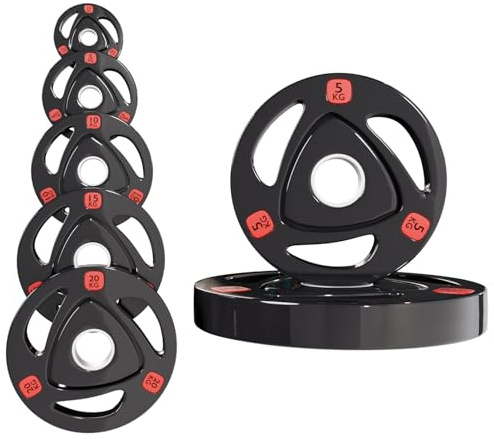 Strongway® Olympic Weight Plates Discs for Barbell Bar - 2 Inch (2) / 50mm Hole - Rubber Coated Cast Iron Weights Tri Grip Range of Weights and Sizes (70KG SET (2 X 20KG + 2 X 10KG + 2 X 5KG))