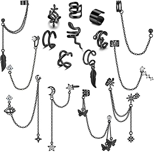 Jstyle 16 Pcs Ear Cuff Earrings for Women Cuff Chain Earrings Helix Cartilage Cuff Earring Non Piercing Earring Black Tone