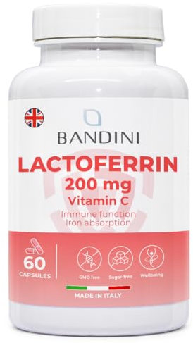 Bandini® Lactoferrin 60 Kapseln - 200mg Laktoferrin + 60mg Vitamin C je Tagesdosis (1 Kapsel) - Für Eisenaufnahme & Immunsystem | Kolostrum-Bestandteil - Hochdosiert, laborgeprüft, GVO-frei