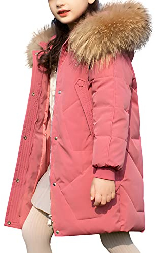 amropi Bambini Ragazze Cappotto con Pelliccia Cappuccio Inverno Parka Piumino Giacca Rosa,11-12 Anni