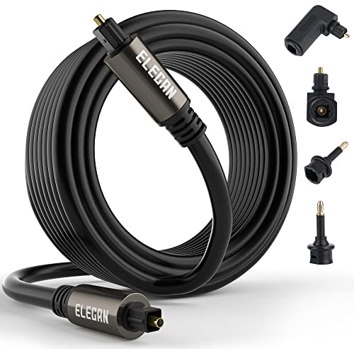 Elecan Optical Audio Cable 30 Ft Digital Audio Toslink Cable Cord-Fiber Optic-Gold Plated-Flexiable&Durable-for Home Theater,Sound Bar,PS4&Xbox-with 4 Right Angled and Mini Toslink Adapters+Ties