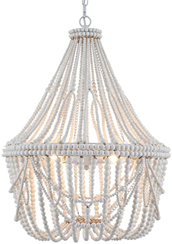 ELYCCUPA 20” Bohemia Large Wood Beaded Chandelier Coastal French Country Chandelier Farmhouse Antique Pendant Light for Living Room Kitchen Island Dining Bedroom, Distressed White, UL Listed