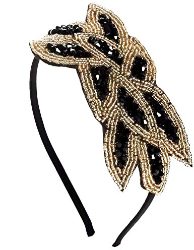 PAITOK 1920er Jahre Vintage Stirnband Perlen Blatt Flapper Kopfschmuck Elegant Kristall Dekoratives Stirnband Haarschmuck für Frauen Kostüm Party (Schwarz + Gold)