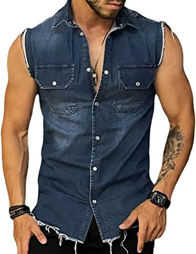 Onsoyours Gilet in Jeans Uomo Giacca Denim Retro Vintage Strappato Gilet di Jeans da Uomo Senza Maniche Giacca Jeans Capispalla Giacca da Moto A Blu XL
