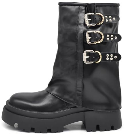 IF Stivali Stivaletti Da Donna Con Risvolto Fibbie Multiple Suola Carrarmato Platform Plateau K-08 Nero N.39