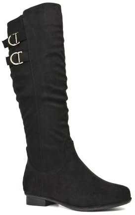 Women's Slouchy Flat Knee High Boots Ladies Black Faux Suede Ruched Casual Buckle Biker Shoes Size 6