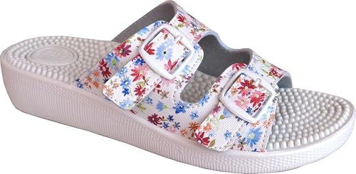 EKO FIT - Sandale de Maison Femme avec Semelle de Massage à Picots – Stimule la Circulation – Confort Optimal – 2 Boucles Réglables – Antidérapante - FLEURS 40
