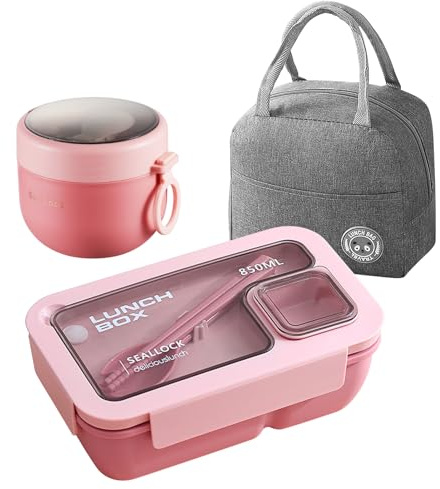 Vegena Bento Lunch Box, Bento Box for Adults and Kids, Lunch Box with Compartments, Durable Leakproof Bento Boxes Set with Bag, Utensils, Soup Cup for Men Women Student School Office (Pink) (Pink)