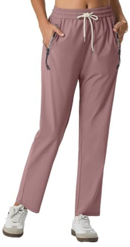 PrinStory Walking Trousers for Women Lightweight Quick Dry Waterproof Trousers Joggers Hiking Pants with Zipper Pockets (Dark Pink, L)