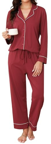 Reliwel Pigiama Donna Cotone Pigiama da Donna Invernale Set Pigiama Camicia a Maniche Lunghe con Bottoni e Pantaloni Pigiama da Casa Due Pezzi Morbidissimo Comodo