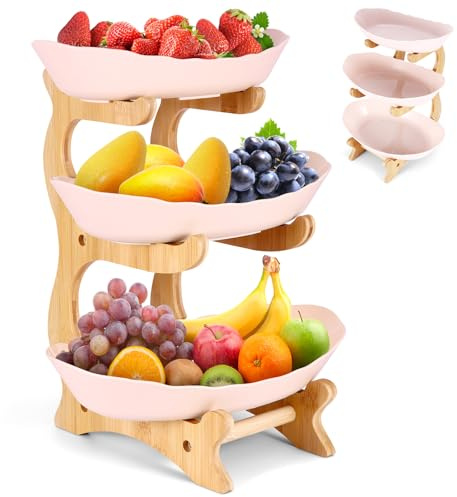 Soporte para frutas de 3 pisos con soporte de bambú, plástico, frutero de plástico, cesta de frutas y plato para servir, soporte para frutas, soporte para frutas, estante para servir frutas, con