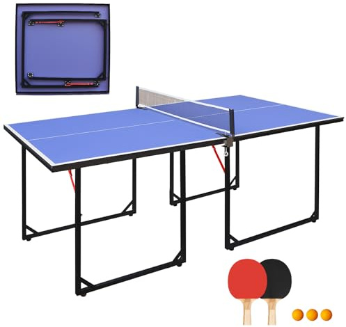 GYMFLEX Bordtennisbord, vikbar, mellanstorlek, bordtennisskiva, multifunktionellt ping pong-bordsset, inklusive nät, 2 bordtennisracket och 3 bollar med blå bordsskiva och svarta bordsben