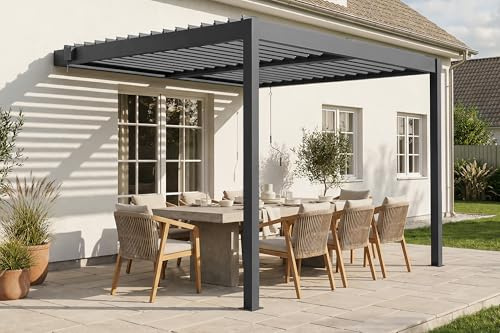 CAZEBOO Pérgola Bioclimática Adosada Piana 304x255 cm (3x2,5 m – 8 m²) Aluminio Gris Antracita – Lamas Orientables 0-110° Acero – Resistente Viento 70 km/h – Kit Completo con Manivela