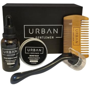 Urban Gentleman Beard Grooming Kit for Men – Beard Balm, Wooden Comb, Beard Growth Serum & Derma Roller – Complete Beard Care & Styling Set