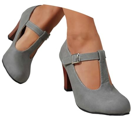Women's Traditional Shoes with Block Heel Elegant Dirndl Shoes High Heels Slingback Pumps Heel Shoes Gothic Width H Mary Janes Shoes Wide Feet Sandals Traditional Heel Casual Shoes, O Grey, 8.5 UK