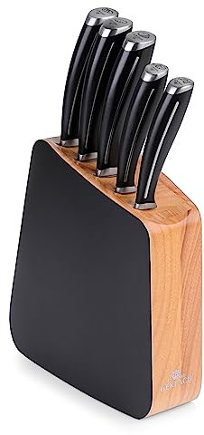 Gerlach 1760 Set Couteau Cuisine en Acier Inoxydable - Ensemble de 5 Couteaux - 1x Japonais Santoku 1x à Pain 2x de Cuisine 1x à Légumes - 55-56 HRC - Poignée Antidérapante - Loft