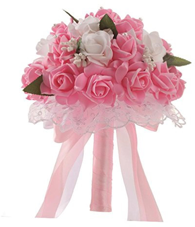 TIREOW Blumenstrauß Romantische Hochzeit Bunte Künstliche Hochzeitsstrauß Rosen Seidenblumen Seidenrosen Kunstblumen Blumen Brautstrauß der Braut (Rosa)