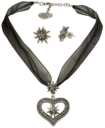 Alpenflüstern Trachtenschmuck-Set Organza-Trachtenkette Strassedelweissherz und Trachten-Ohrstecker Strass-Edelweiss - Damen-Trachten-Schmuck, Trachtenset Kette und Trachten-Ohrringe schwarz SET043