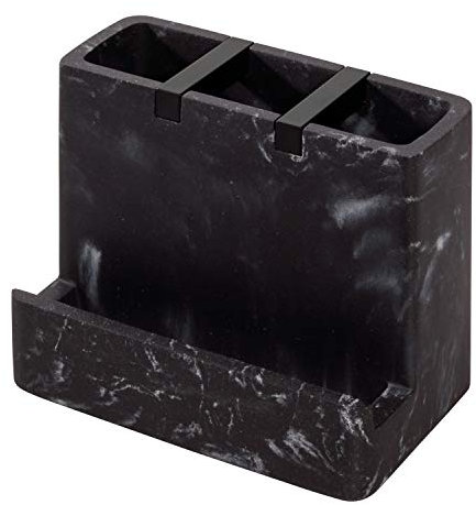 iDesign Toothbrush Holder with 3 Compartments and Tray, Sink Caddy Made of Synthetic Resin and Metal, Elegant Smart Phone Holder for Sink, Black
