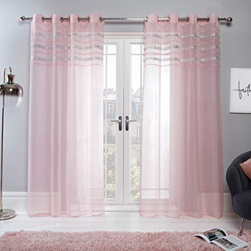 Sienna Voile Net Curtains for Windows Latina Diamante Band Eyelet Ring Top Sheer Curtains for Living Room Bedroom Soft Luxury Blush Pink Net Curtain 2 Panel, 55 x 87