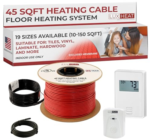 LuxHeat 45sqft Floor Heating Cable Kit - 120v Underfloor Heating System - Heated Flooring System - Includes UTN4 Non-Programmable Thermostat w/GFCI, Floor Heat Cable, Alarm & Flooring Sensor