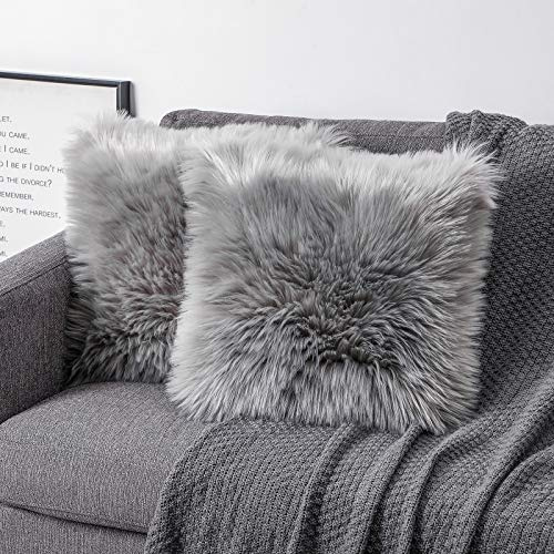 OYIMUA 2Pcs Fundas de Almohada Decorativa Fundas de Almohada de Piel sintética Suave, Pelo Largo Almohada de imitación, sofá Cuddly Cojín de (Gris, 45 x 45 cm)