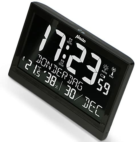 Alecto AK-70 Orologio Digitale di Grandi Dimensioni con Termometro e Igrometro - Sveglia Radiocontrollata - Orologio Radiocontrollato con Display della Temperatura - Nero