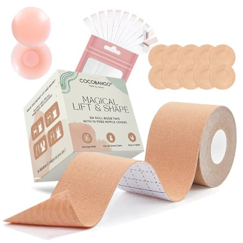 Cocobango Boob Tape for Breast Lift, Body Tape with 2 Reusable Nipple Covers, Invisible Boobtapes with 10 Disposable Nipple Covers, 20 Fashion Tapes, Boobie Tape No Bra - Deluxe Kit